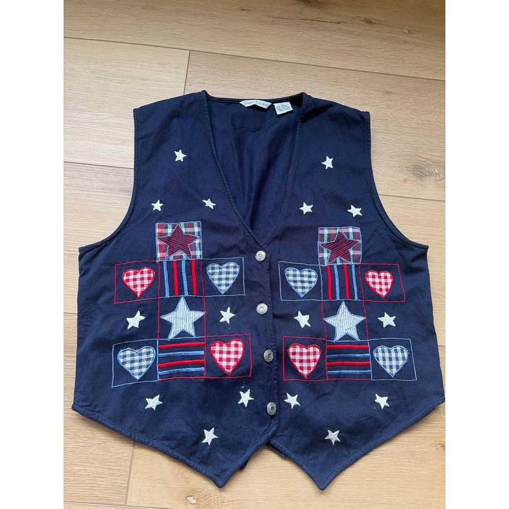 Vintage Womens Cotton Americana Patriotic Stars Patchwork Vest Large Grandmacore